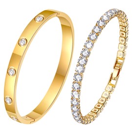 Women's Gold Bracelet, 2 Pieces, Titanium Steel Bracelet Set, 18 K Gold Stainless Steel Bracelet, Women's Jewellery, Silver Bangle, 17/18 cm Bangle for Ladies, Gift for Women, Friend, Stainless Steel