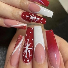 Snowflake Press on Nails Long Coffin Christmas Fake Nails with Designs White French Tip Glue on Nails Full Cover Coffin False Nails Pink Acrylic Stick on Nails for Women Xmas Nail Decorations 24 Pcs