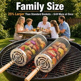 LIONQORE Rolling Grill Basket Set of 2, XL 304 Stainless Steel Grill Baskets for Outdoor Grill, Large BBQ Basket with Removable Wooden Handle for Vegetables, Fish, Wings, Shrimp and Camping