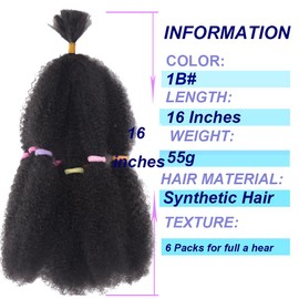 Afro Kinky Hair 16 Inch 6 Packs Pre Stretched Afro Kinky Twist Hair Afro Braiding Hair Kinky Twist Crochet Braids Synthetic Hair Extensions For Women (1B#, 16 Inch (Pack of 6))