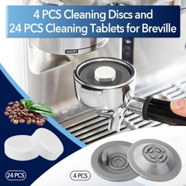 24 PCS Cleaning Tablets and 4 PCS Rubber Backflush Disc for Breville, 54mm Espresso Backflush Cleaning Discs for Breville Machines and Ninja Luxe Cafe, Clean Interior Parts and Portafilter