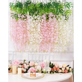 Waipfaru 12 Pack Wisteria Hanging Flowers, Pink White Wisteria Artificial Flowers, 3.6 Feet/Pcs Fake Wisteria Flowers Garland Vines for Bedroom Wedding Home Party Wall Decoration