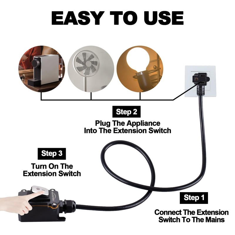 Inline Cord Switch with 3FT Cable Piggyback Plug(3-Pronged), IP67 Waterproof