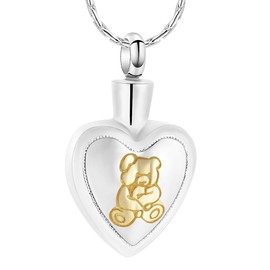 QGJNSGC Teddy Bear Cremation Urn Nekclaces Bear On Heart Pendant Necklace Ashes Jewelry Memorial Urn Keepsake Locket Pendant Ash Holder, No Gemstone