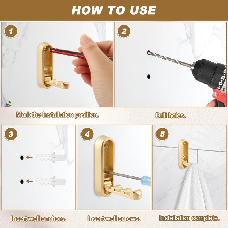 Foldable Wall Hooks, Gold, 5 Pack, Heavy Duty Coat and