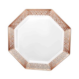 Lillian Collection Lacetagon Rose Gold Premium Plastic Octagonal Appetizer Plates - 7.25" (Packs of 10) - Perfect for Parties, Weddings, and Events