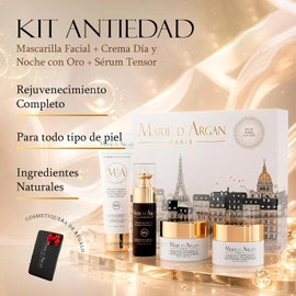 Marie d'Argan Kit Facial Antiedad 5 Piezas, Crema De Día Y Noche Con Oro 24K, Sérum Tensor, Limpiador Facial De Champagne Y Cosmetiquera, Rutina Skincare Para Firmeza, Hidratación Y Luminosidad