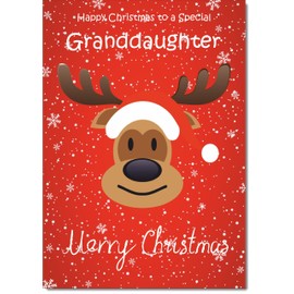doodlecards Granddaughter Christmas Card Rudolph on Red Background Medium Size Christmas Card for Granddaughter with Plain Envelope