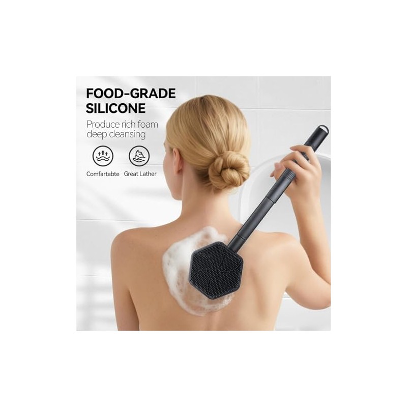 Limpiador de espalda de silicona para ducha，Cepillo de ducha extensible