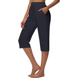 Huukeay 3 Pack Women's Capri Pants, Drawstring Lounge Capris Wide Leg Cropped Pants with Pockets Workout Yoga Joggers(Large,Black, Dark Gray, Pink)