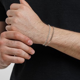 MOTIBACK Sterling Silver Mens Bracelets - 2pcs Set, 925 Silver Chain Bracelet for Men, Cuban Figaro Curb Link, 19/21cm, Mens Jewellery Gifts for Dad, Boyfriend, Husband, Son