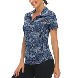 LURANEE Womens Athletic Tops,Workout Jacket for Ladies Quarter Zip Pullover Regular Fit Trendy Shoort Sleeves Shirts Lightweight Stay-Dry Hiking Fishing Clothes Paisley Dack Blue XL
