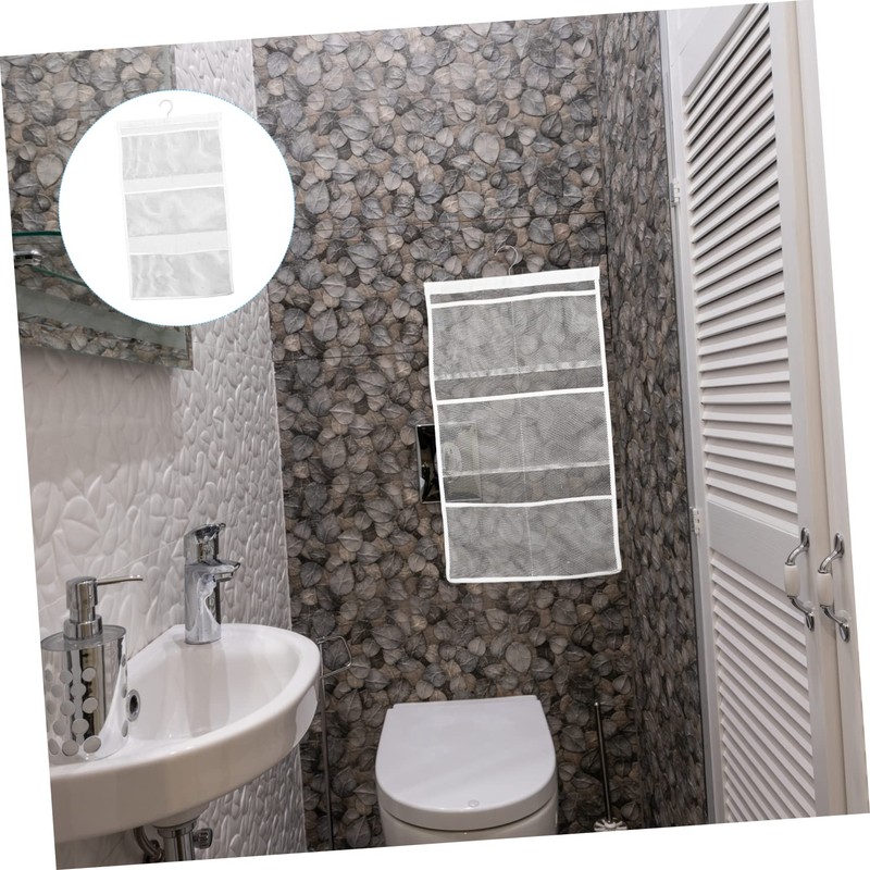 Ciieeo 1Pc White Hanging Bathroom Organizer with Mesh Pockets for