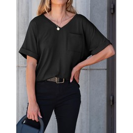 ANRABESS Women T Shirts Oversized Short Sleeve V Neck 2025 Summer Casual Loose Tops Basic Tee Shirts Outfits with Pocket Black X-Large