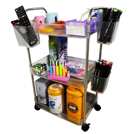 TENBOAT Clear 3 Tier Rolling Storage Cart with Wheels for Bathroom Laundry Living Room Transparent Mobile Shelving Unit Organizer Shelf Utility Cart (L Size)