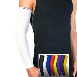 HiRui Warm Arm Compression Sleeves 20-30mmHg Recovery Relieve Pain Support Muscles UPF50 UV Protection for Men Women, Running Cycling Basketball Tattoo Cover (1Pair) (White, XXL)