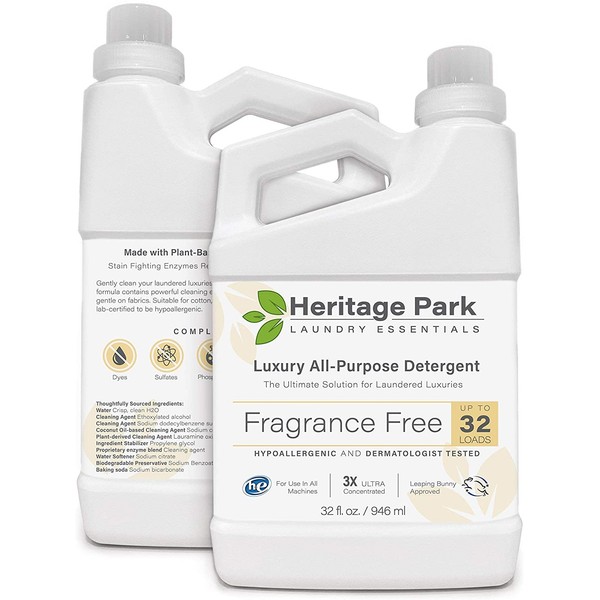 Heritage Park Laundry Detergent - Fragrance Free, Hypoallergenic & Dermatologist Tested - Gentle & Effective PH Neutral Formula, Safe for Delicate Fabrics - Concentrated for All Machines - 32 fl oz