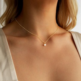 TINGN Gold Necklace for Women 14K Gold Plated Chain Choker Necklace with Single Dainty Pearl Drop Freshwater Pearl Jewellery