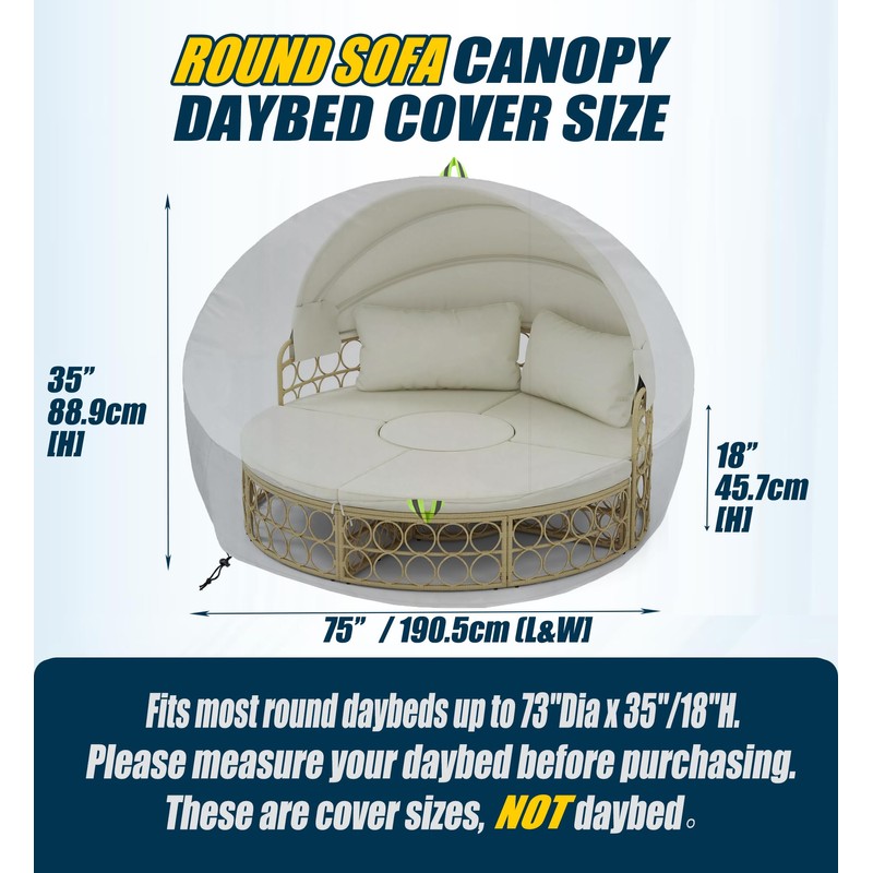 Outdoor Daybed Cover Waterproof, 600D Round Patio Sofa Cover, Heavy