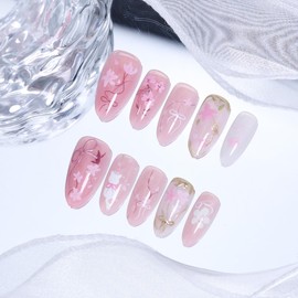 Pink Flower Press on Nails Medium Almond Fake Nails with Gilding Design Peach Blossom Acrylic Nails 3D Handmade Bow False Nails Cute Cat Stick on Nails Pink Full Cover Glue on Nails for Women 30Pcs