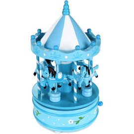 BRUBAKER Wooden Music Box - Nostalgic Carousel with Horses - Melody: Jingle Bells - 24 cm Music Box Decoration for Christmas - Christmas Decoration Music Box - Blue