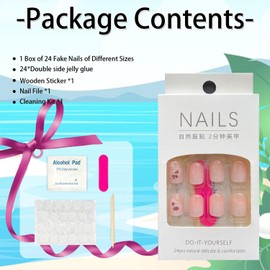 24Pcs Flower Press on Nails Short Square Fake Nails Nude Nails Press Ons Floral with Designs Acrylic Glue on Nails Reusable Stick on Nails Glossy False Nails for Women