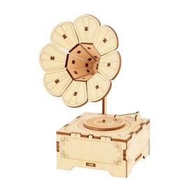 Musiin 3D Wooden Jigsaw Puzzle Phonograph Music Box, DIY Petal Trumpet Model, Wind-up Music Box, Retro Music Gift Assembly Kit (Phonograph)
