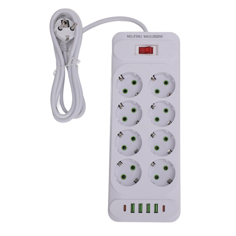 8 Way Power Strip USB C European Socket Desk Wall