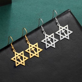 Star of David Cross Earrings for Women Hexagram Stud Earrings Amulet Symbol Jewish Israel Religious David Jewellery Gift Women, Stainless Steel