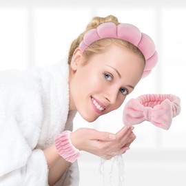 Skin Care Headband,4 pcs Girls Makeup Bow Tie Hair Band Wristband Set Pink Headband,Hair Band for Washing Face,Makeup Headband Spa Skin Care Headband for Women's Makeup,Skin Care,Makeup Remover