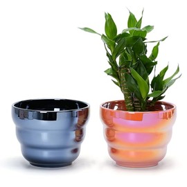 Plant Pots Indoor, 6 Inch Ceramic Rainbow Pearl Glaze Planters with Drainage Hole, Set of 2 Flower Pots for Succulents Cactus Orchid, Black and Orange