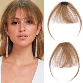 S-noilite Bangs Hair Clip in Bangs,100% Real Human Hair Curved Bangs Clip in Hair Extensions for Women Air Bangs Clip on Wispy Bangs Fringe with Temples 3g (#6 Light Brown)