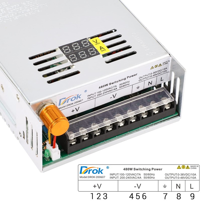 DROK 48V Power Supply, AC 110V/220V to DC 0-48V 10A
