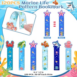 120Pcs Ocean Animals Bookmarks Ruler Bulk Assorted Under The Sea Themed Designs Page Markers for Home Classroom Rewards Summer Birthday Party Supplies Favors