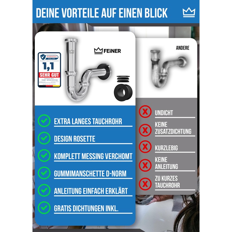 FEINER® Premium Universal Siphon for Sink Brass, Drain Pipe, Immersion