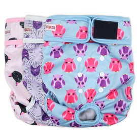 Fuz Bigaza Washable Dog Diapers (3 Pack), Reusable Dog Diapers for Doggie Heat Period, Reusable Doggie Diaper for Female Dogs (Cat, Owl, Medium)