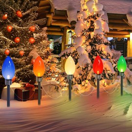 Upgraded 10 Pack Jumbo Multicolor Solar C9 Christmas Lights Outdoor Decorations for Yard Pathway, Waterproof Super Bright LED String Lights Covered Jumbo Multicolored Bulb with Stakes