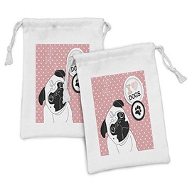 Ambesonne Pug Fabric Pouch Set of 2, I Love Dogs with a Paw Print Emblem Pug with Tilted Head Fun Animal Print, Small Drawstring Bag for Toiletries Masks and Favors, 9" x 6", Pink Black White