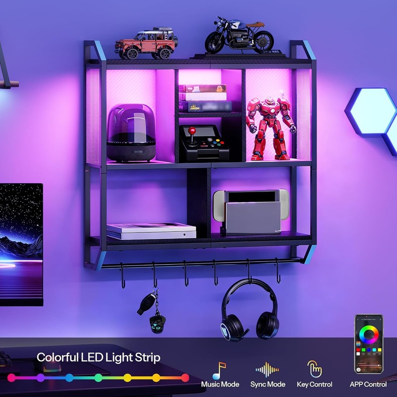 HOOBRO Gaming Floating Shelves with LED Lights, 28.7" LED Wall