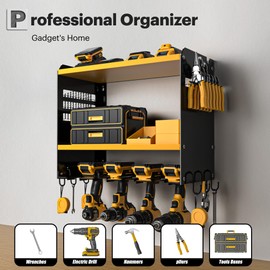 Spampur Power Tool Organizer Wall Mount, 15 Min Fast Assembly & Maximum 100lb load by Heavy Duty Metal, 4 Slots for Cordless Drill, Garage Storage Shelf with Hooks, Father/Men/Husband Birthday Gift