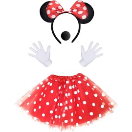 iZoeL Women's Mouse Costume Red Tutu with White Polka Dots + Headband with Mouse Ears + Gloves + Nose for Carnival Theme Cosplay Party