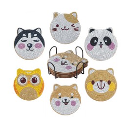 Diamond Painting Coasters with Holder, Pack of 6, DIY Reusable Diamond Art Coasters in Animal Motifs, Diamond Art Painting, Wooden Coasters for Beginners, Children and Adults, Cups Decoration (Style