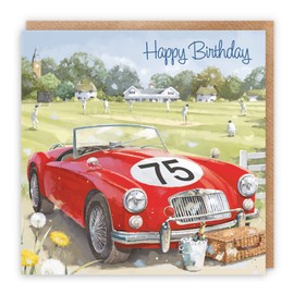 Hunts England - Classic Sports Car 75th Birthday Card For Him - 75 - Age 75 Male Artistic Birthday Card - Milo's Gallery Collection - Cricket Match