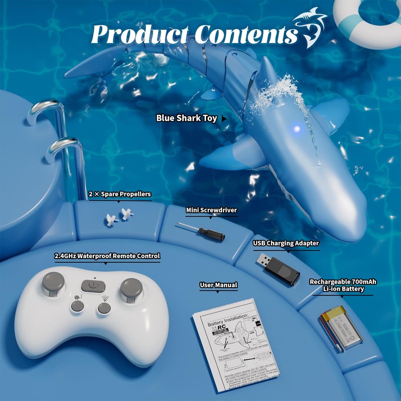 Qusases Waterproof Remote Control Electric Shark Water Toy with Spray,