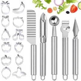 Aemygo 17 Pcs Fruit Carving Knife, Stainless Steel Kitchen Fruit Carving Tools with Vegetable Cutter Shapes - Melon Baller Scoop, Dig Pulp Separator Peeling Tool, Crinkle Knife, Lemon Zester Grater
