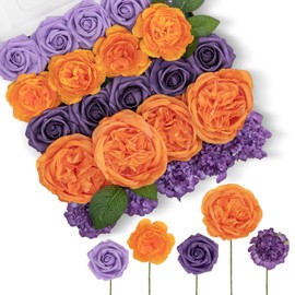 TINGE TIME Rose Artificial Flowers Combo, Gradient Color Faux Foam Roses with Stems for DIY Wedding Bridal Shower Party Table Centerpieces Fake Floral Arrangement Home Decor(Burnt Orange and Purple)