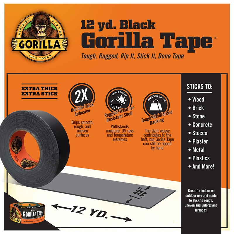 Gorilla Black Duct Tape, 1.88" x 12 yd, Black, (Bulk