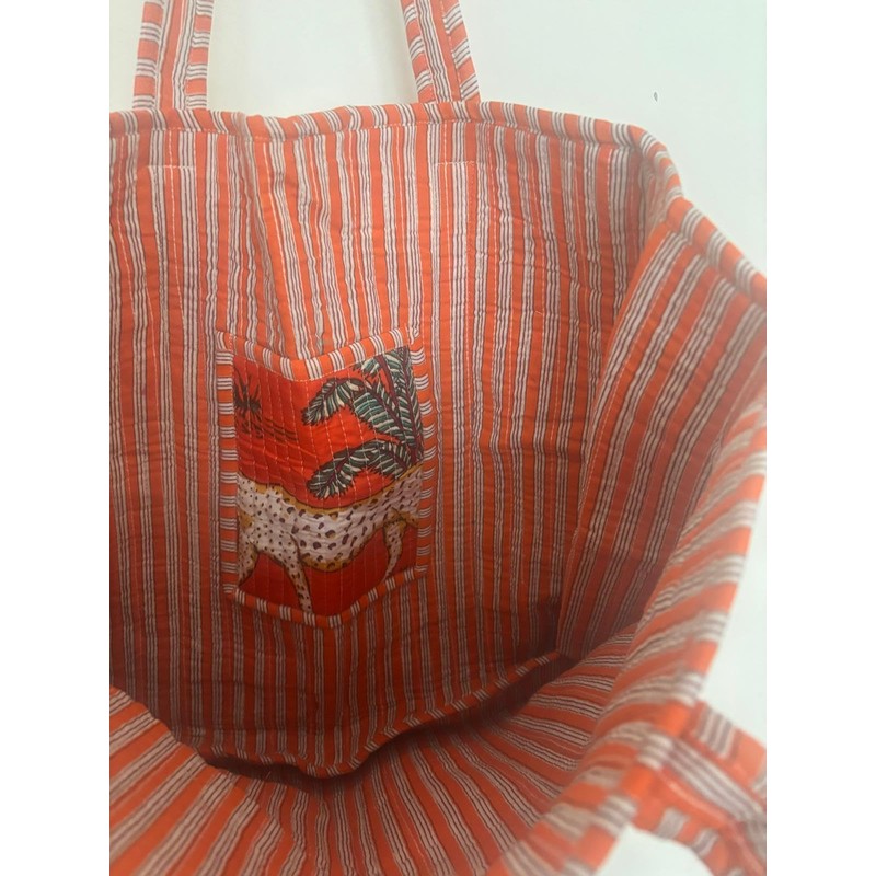 Quilted Cotton Tote Bag, Orange Tropical Safari Print, Striped Handles