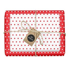 dabelino® Wrapping Paper Set Stars (Red/White): 4x Sheets + 4x Tags (Eco Recycled Paper, Sustainable)