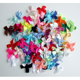 ICRAFY 100 Mixed Tiny Satin Ribbon Bows Sweet Mini Embellishment Craft Artificial Applique Wedding Ribbon Width 7 mm.